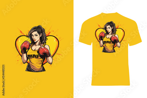 Stylish t-shirt design showcasing a female boxer in red gloves with a heart-themed backdrop. This vibrant graphic conveys energy, determination, and fitness, making it suitable for sports branding and