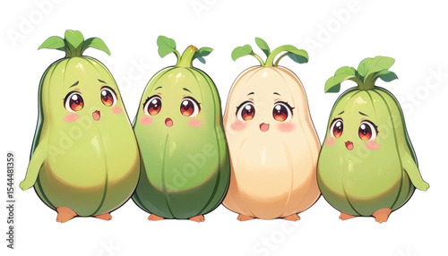 A group of four cute cartoon zucchinis with tiny arms and feet, isolated on a white background.