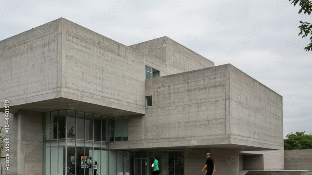 Modern Architectural Marvel: Captivating the essence of a concrete building design under a cloudy sky, showcasing a blend of geometric forms and minimalist design