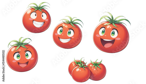 Four animated-style tomatoes with cheerful expressions, isolated on a clean white background.