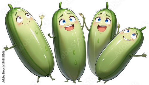 A set of four cartoon cucumbers with expressive eyes and smiling faces, on a plain white background.