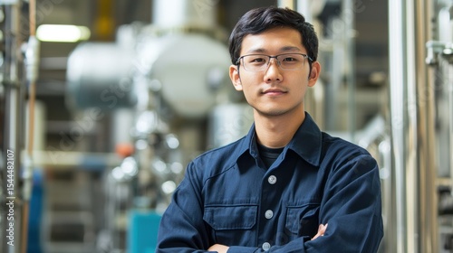 A young man wearing glasses stands confidently in a factory setting, with his arms crossed, wearing a dark blue shirt and a black helmet, in front of industrial machinery and equipment.