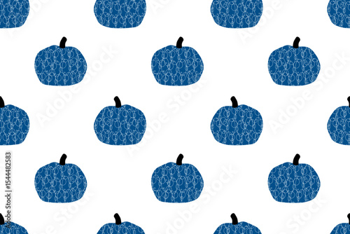 Halloween seamless  pattern, blue pumpkin with white circles on  white background. All Saints' Day. National international holiday. For backgrounds, wallpapers, textiles, packaging, or  website.
