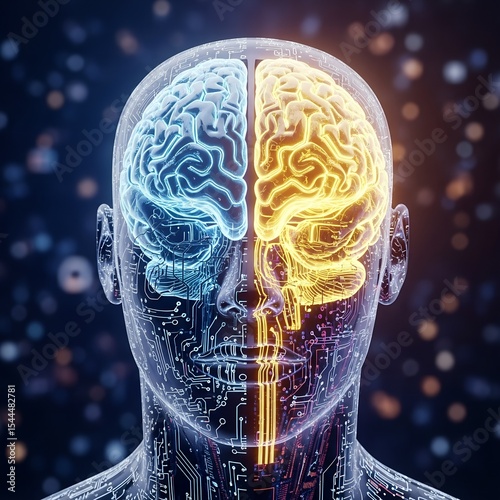 Human brain with circuit board overlay depicting artificial intelligence and futuristic technology