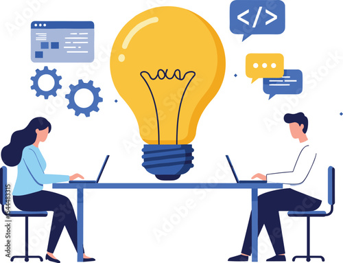 Collaborative Teamwork in Tech: Developers Working Together with Big Idea Lightbulb, Coding and Communication Icons