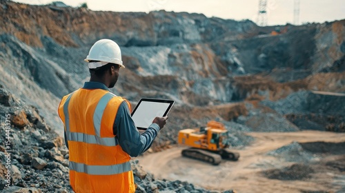 A man in a hard hat and safety vest standing in front of a large open pit mine with a yellow excavator in the background.