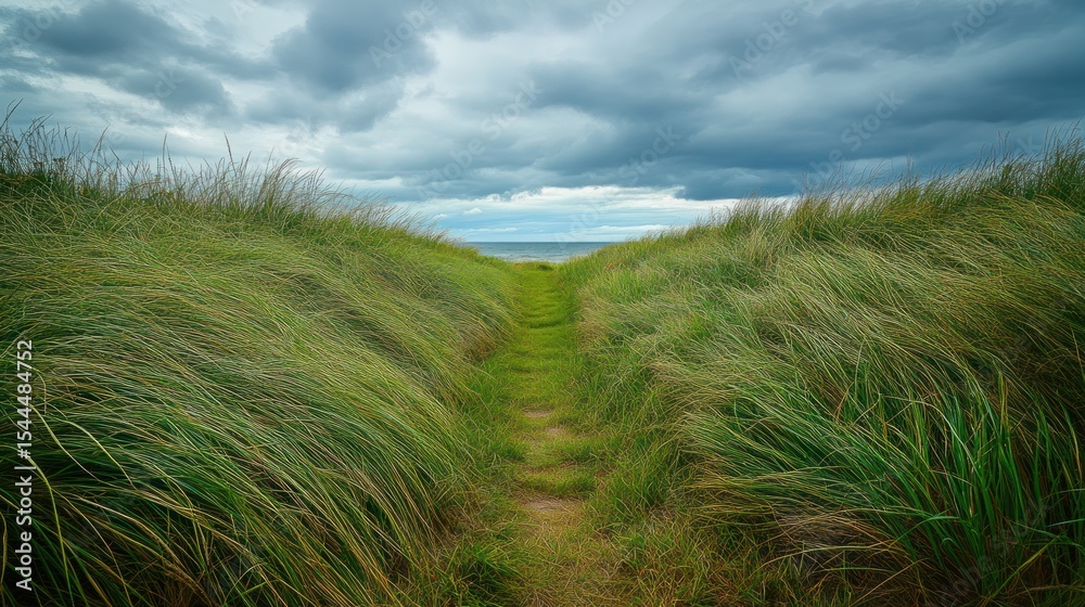 Obraz premium Green grasses form a tunnel path leading to a distant ocean beneath a cloudy sky