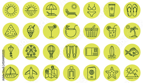 Green circled summer icons set in minimalist style with black outlines and featuring beach, food, and travel symbols  