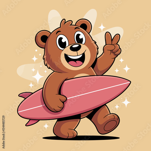 Cartoon Bear with Surfboard and Peace Sign