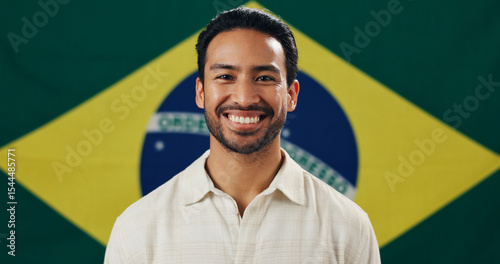 Tableau sur toile Brazil, flag and man with pride for country, portrait or symbol for citizenship, vote or patriotic