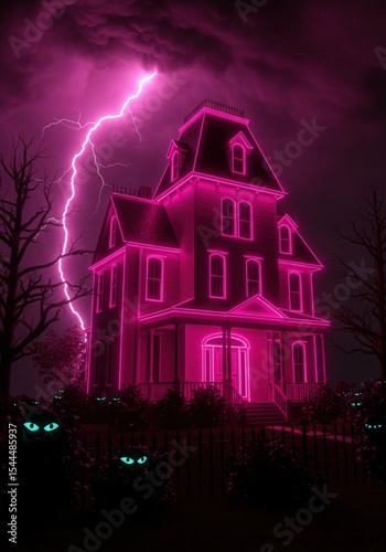 Victorian haunted house with pink neon lighting during thunderstorm with glowing cat eyes. Spooky mansion with lightning and supernatural . Halloween decorations, horror entertainment sale. Halloween