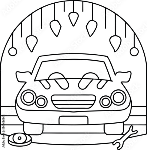 Automotive Service Center Coloring Page with Car Lift and Tools Illustration Depicting a Car Undergoing Maintenance in a Garage with Hanging Lights and Diagnostic Equipment Ready for Coloring