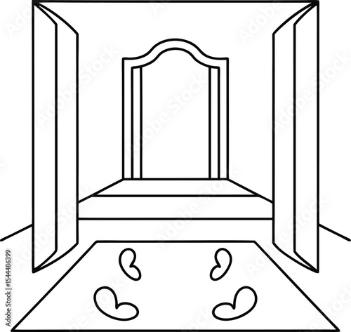 Elegant Monochrome Interior Design Featuring an Archway and Subtle Heart Motifs on the Floor Embodying Simplicity Serenity and Love Infusing the Room with a Touch of Grace