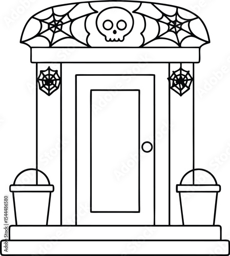Spooky Halloween Doorway Decoration Featuring a Skull and Cobwebs Creating an Eerie and Festive Atmosphere Suitable for Halloween Celebrations and Adding a Touch of Horror