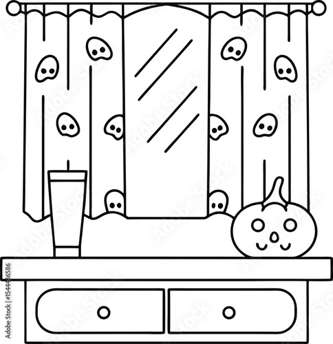 Charming Halloween Decor Featuring Ghost Themed Curtains, a Spooky Mirror Reflection, a Cute Pumpkin Decoration, and a Stylish Vanity Table Displaying a Sleek Container Creates a Festive Ambiance