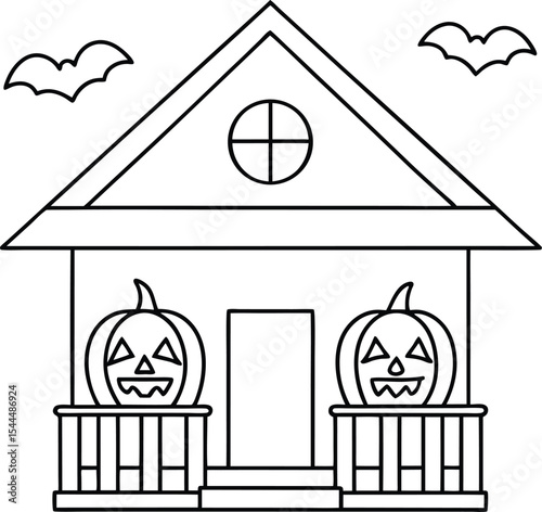 Spooky Halloween House with Jack O'Lanterns and Bats Silhouette Illustration a classic Halloween imagery with a house adorned with pumpkin lanterns and bats creates a chillingly festive scene