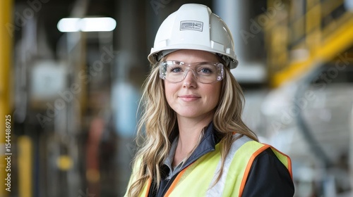 A female engineer wearing a white hard hat and safety glasses, standing in a factory setting with yellow safety barriers and machinery in the background.