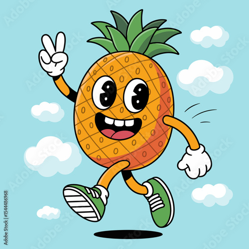 Pineapple Character Fun Jump with Clouds