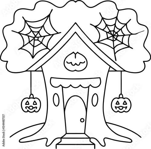 Enchanting Halloween Treehouse A Whimsical Delight for Spooky Season with Hanging Pumpkins and Spooky Webs. Embrace the Festive Spirit with this Charming Hand Drawn Illustration of Halloween Fun