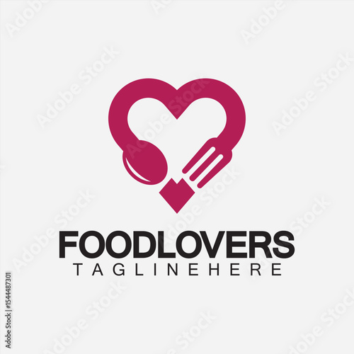 Food lover concept logo. Fork and spoon with love shape logo icon design for restaurant logo template