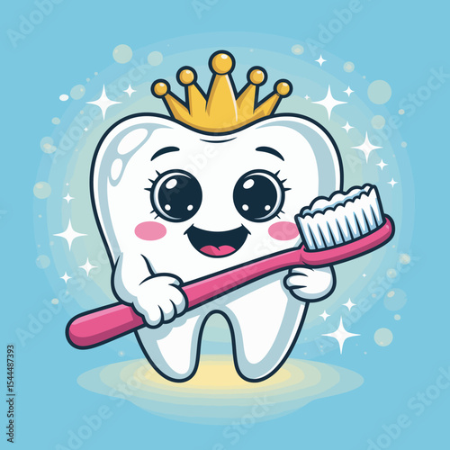 Tooth Character with Crown and Sparkle