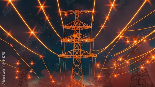 High-voltage power lines and towers at night with glowing connections