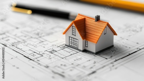 A miniature model of a house with an orange roof and white walls, placed on top of architectural blueprints with a pen and pencil in the background.