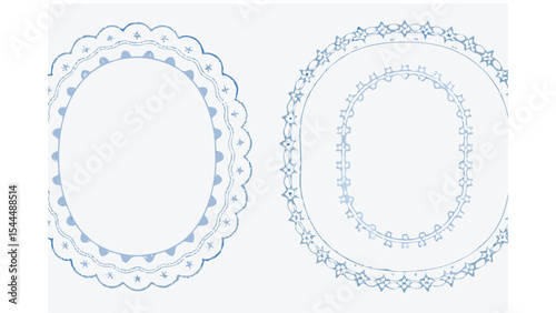 Two decorative oval frames with star and scallop patterns in light blue on a white background