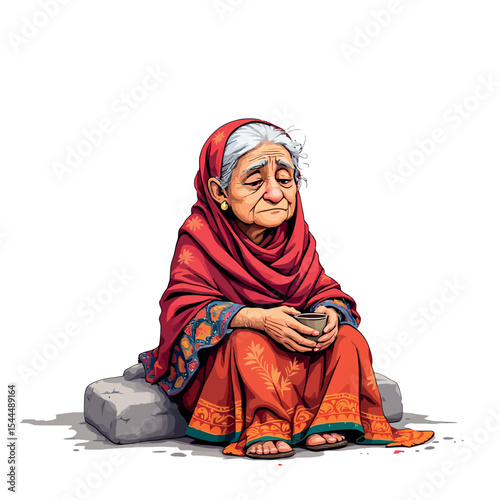 Vsai sad elderly woman begging, holding a cup and sitting on a stone
