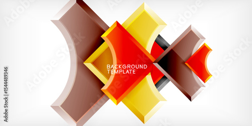 Abstract design features layered geometric shapes. Orange, yellow, brown hues create dynamic visual impact. Modern template for backgrounds.