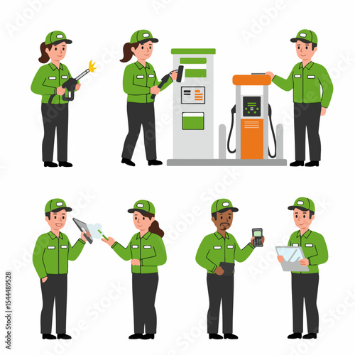 Gas Station Attendant Vector Illustrations Set