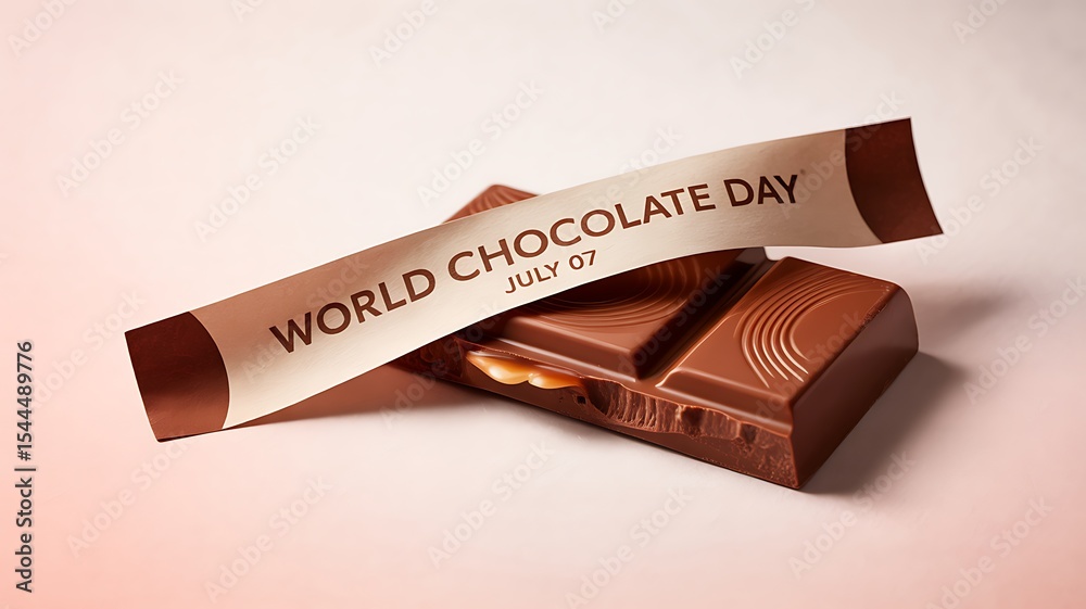 Fototapeta premium Celebrate World Chocolate Day on July 7th with a delicious milk chocolate bar wrapped in paper