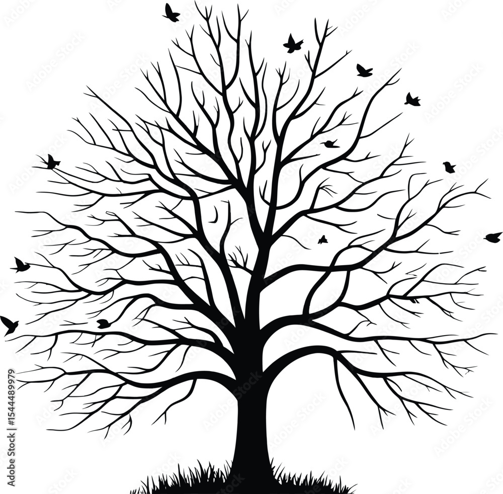 Obraz premium Bare Tree Silhouette with Flying Birds Vector Illustration for Nature and Seasonal Design
