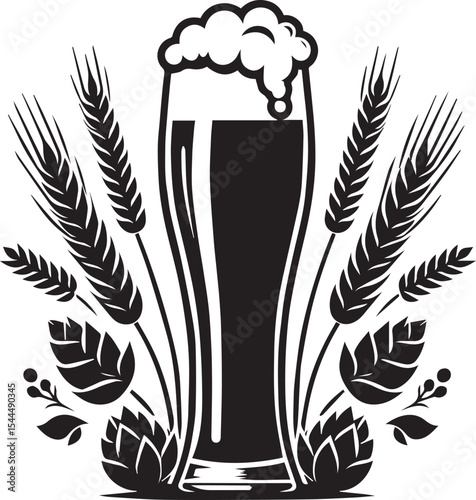 Black and White Vector Silhouette of a Beer Glass Surrounded by Wheat and Hops Ideal for Brewery Labels Oktoberfest Graphics and Craft Beer Design Themes