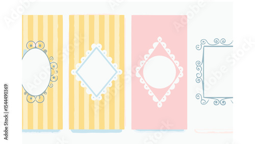 Four decorative frames with different shapes and patterns on striped and solid color backgrounds