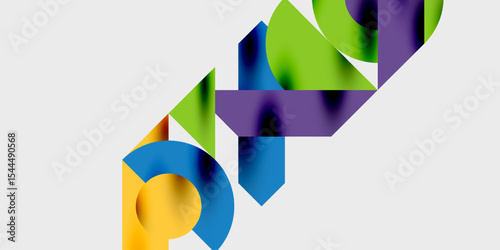 Abstract geometric shapes overlap, creating vibrant color gradients. Composition feels dynamic, modern, minimalist.