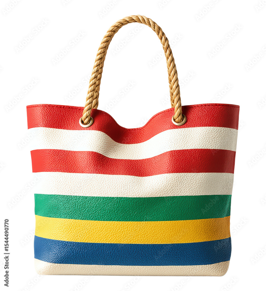 Fototapeta premium Vibrant Multicolored Striped Tote Bag with Rope Handle for Stylish Summer Outings, Perfect for Beach Days and Casual Errands, Isolated on Transparent and White Background