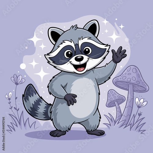 Cartoon Raccoon with Sparkling Mushrooms