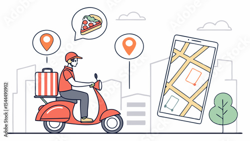 Delivery man on scooter with pizza and location markers near a map on a phone in the city scene