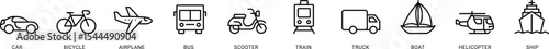 Public Transportation icon set in line style. Airplanes, buses, trucks, cars, motorbikes, taxis, trains, ships symbol. Transport simple black sign for apps and website, vector illustration