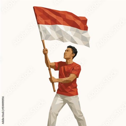 Low Polygon Illustration of Man Holding Indonesian Flag