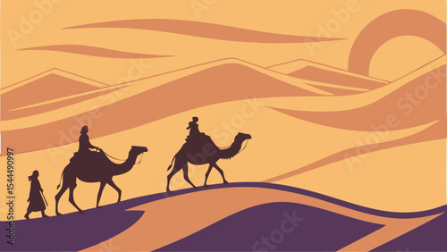 Caravan of people and camels walking through a desert landscape with a sun in the background horizon