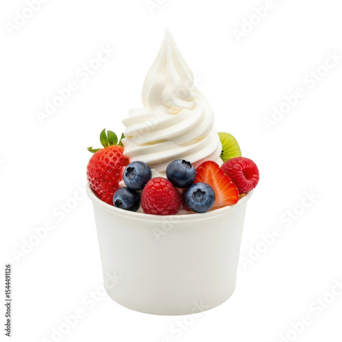 A refreshing frozen yogurt dessert in a white cup, generously topped with an assortment of fresh, colorful berries and sliced kiwi.