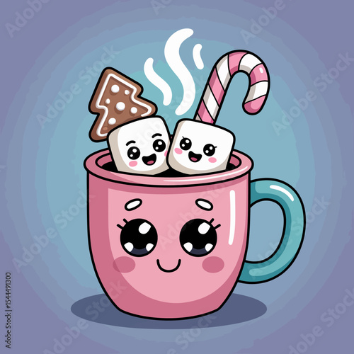 Cute Mug with Marshmallows and Gingerbread Christmas Tree