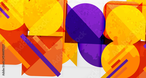 Abstract geometric shapes overlap. Orange, purple, yellow hues dominate composition. Modern design, vibrant colors, textured surfaces present.