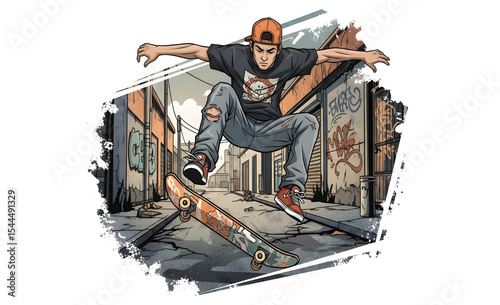 Skateboarder Performing Trick in Urban Setting | Action Shot of Skateboarding Stunt in City Alleyway for Extreme Sports and Youth Culture Marketing