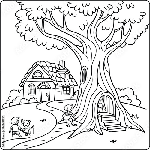 Enchanted Treehouse Coloring Page whimsical illustration of a fairytale house nestled within a giant tree