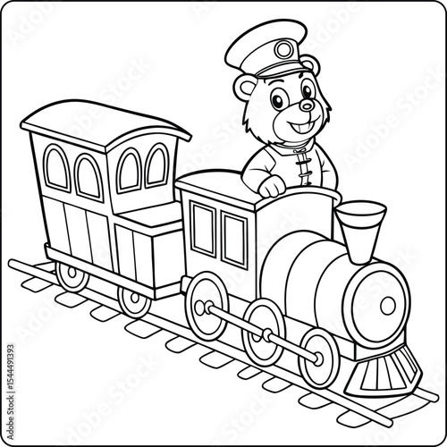 Adorable Bear Conductor on a Choo-Choo Train A Fun Coloring Page
