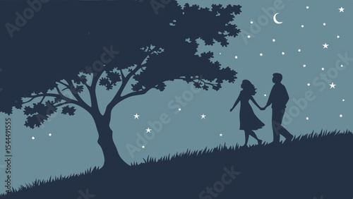 Silhouette of a couple walking hand in hand under a starry night sky with a tree and crescent moon visible