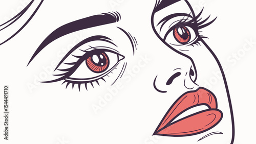 Close up portrait of a woman with red lips and eyes looking up with black lines and white background